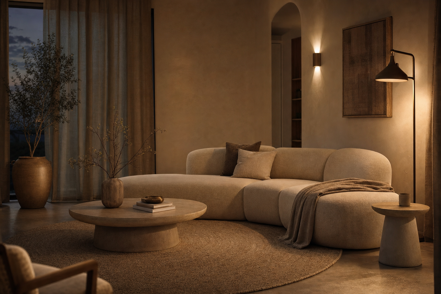 Interieur styling met organische bank en accessoires