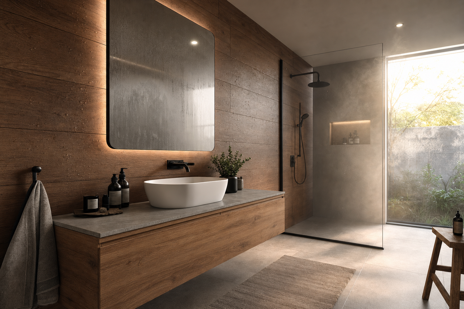 Wandpaneel houtlook in badkamer